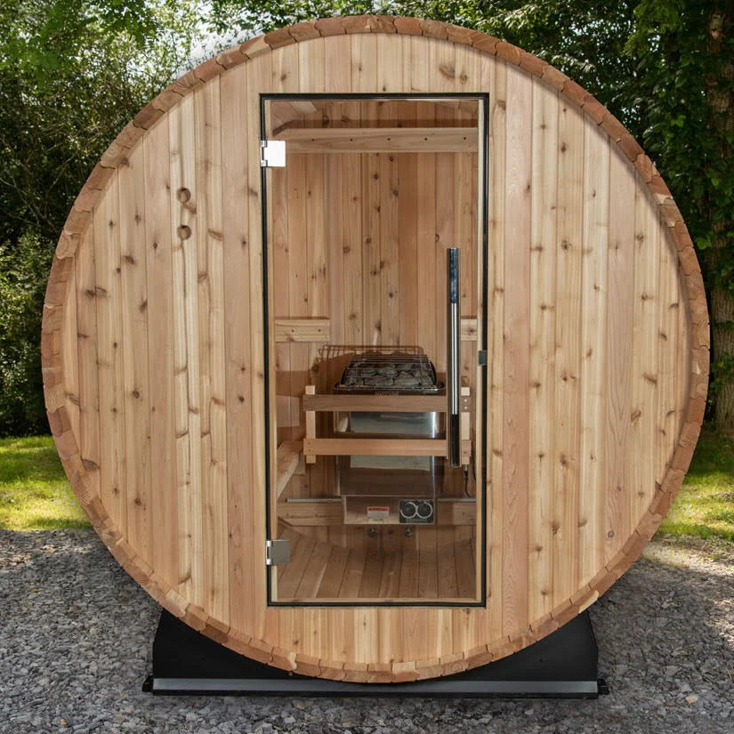 Pinnacle 4 Person Barrel Sauna in Rustic Cedar