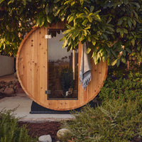 Pinnacle 4 Person Barrel Sauna in Rustic Cedar
